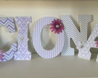 Ciona girls letters, wood letters, baby nursery letters in purple and gray and white, wall letters, hanging letters for girls