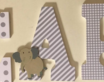 Baby Nursery Letters, wood letters with elephant, gray and white wall letters, decorative letters for Carson, personalized baby letters