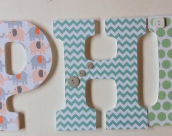 Wall letters in orange elephant, baby nursery wood letters, decorative boyw nursery letters, chevron hanging letters, baby shower gift name