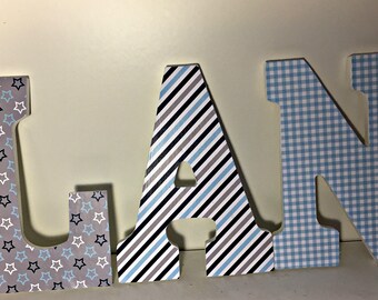boys wood letters for baby nursery, hanging letters, wall letters, navy and blue letters, plaid, stars, dorm room letters,