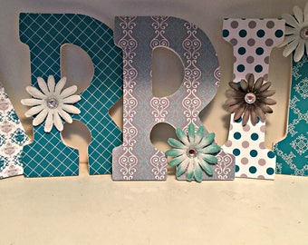 Nursery wall letters, damask, girl baby wood letters, teal and gray,