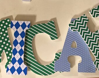 Kelly green and blue letters for boys, wall letters, Micah, wood letters , decorative letters, chevron, baby nursery decor personalized