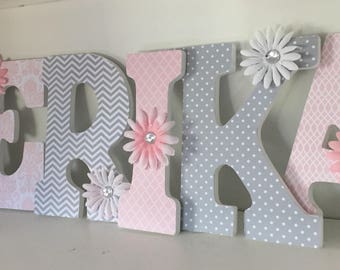 Wood letters, decorative letters, block letters pink and gray , baby nursery letters,  wall letters, name letters, girls letters for baby