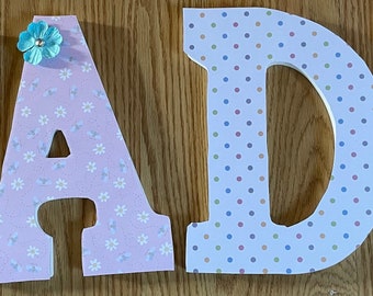 wood wall letters, baby names, decoupage names floral print letters pink and lavender