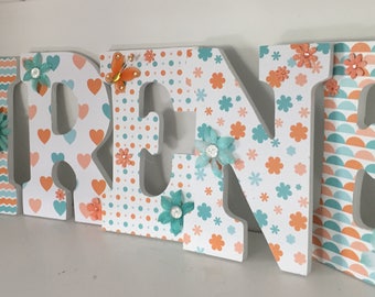 Baby girl wood decorative letters, turquoise, coral and white wood letters, Irene, hanging letters, wall letters for nursery, chevron letter