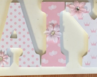 pink letters for princess girl, wood letters, letters for hanging in baby nursery, princess crowns hanging letters, decorative letters