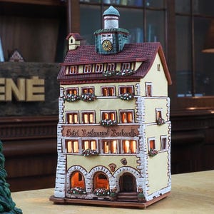 Midene Ceramic house Tea light Candle Holder Handmade Hand painted miniature house replica of the original Hotel Barbarossa Constance D393