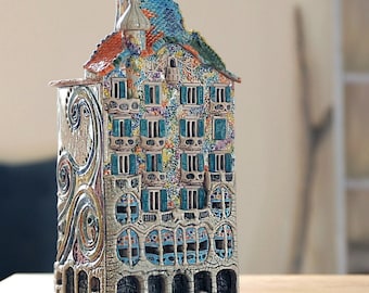 Midene Ceramic house Tea light Candle Holder Handmade miniature house of Historic house Casa Batlló Barcelona Spain Antoni Gaudi