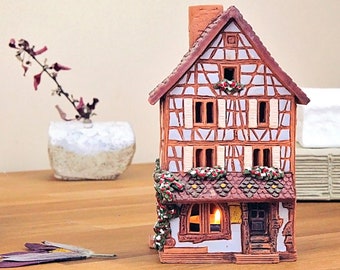 Midene Ceramic house Tea light Candle Holder Home decor Historic miniature house of the original Pottery in Kaysersberg Tiny House Handmade