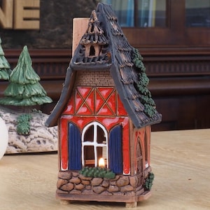 Midene Ceramic House Tea light Candle Holder Room Decor Handmade miniature house with Blue Shutters Fantasy Collection tiny house