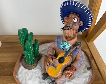 Handmade Ceramic Incense Holder Figurine - Singing Mexican - Home Decoration