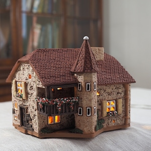 Midene Ceramic house Tea light Candle Holder Home decor Collectible miniature house of Historic Old house in South Tyrol C248 Tiny House