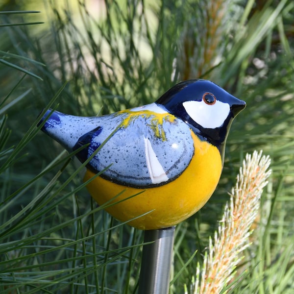 Tuteur de jardin, décoration de jardin, piquet pour pelouse, oiseau en céramique, mésange charbonnière, figurine d'oiseau d'extérieur, résistant au gel, peint à la main, midène