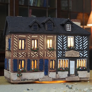 Midene Ceramic house Tea light Candle Holder Home decor miniature house of the Cafe du Coiffeur in Beuvron-en-Auge France B349 Tiny House