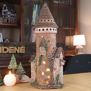 Midene Ceramic House Castle Tea light Candle Holder handmade clay miniature house Room Decor Rapunzel Castle Tower Fantasy Collection F202