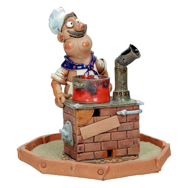 Ceramic Chef figurine baker statue Incense cone Holder burner Home Decor "Cooking is an Art" Handmade and Hand painted Midene Art Studio
