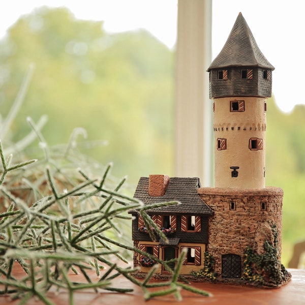 Midene Ceramic house Tea light Candle Holder Home decor Collectible  miniature house replica of the Historic Tower Frankfurt C334 Tiny House