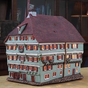 Handcrafted Ceramic Tealight Holder: Zum Klebblatt House Miniature