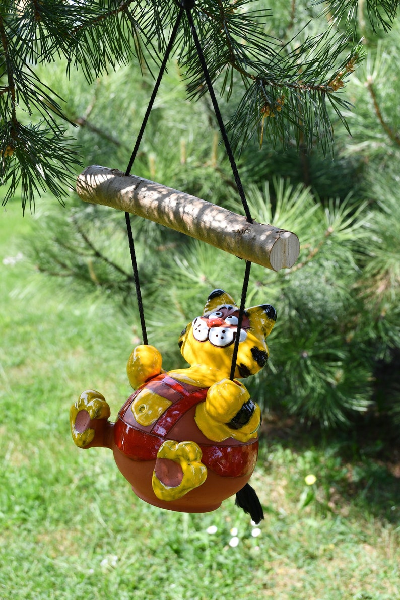 Ceramic Garden hanger garden Decor cat hanging yard art yellow Cat Swing Frostproof Handmade Hand painted GKR61 Midene Art Studio image 1