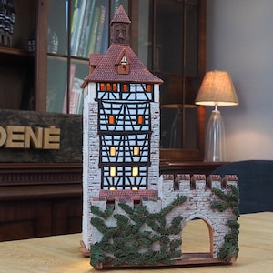 Midene Ceramic house Tea light Candle Holder Home decor Handmade clay miniature house replica of Historic Tower in Konstanz D307 Tiny House