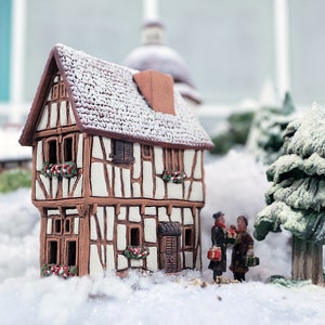 Christmas village Ceramic House Tealight Candle and incense Holder. Home decor. Miniature house of Bernkastel-Kues, Germany in winter