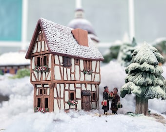 Christmas village Ceramic House Tealight Candle and incense Holder. Home decor. Miniature house of Bernkastel-Kues, Germany in winter