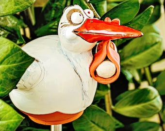 Garden Decor bird Outdoor Statue Ceramic bird Stork with Baby Garden Stake Frostproof Handmade lawn stake Newborn baby shower gift Midene