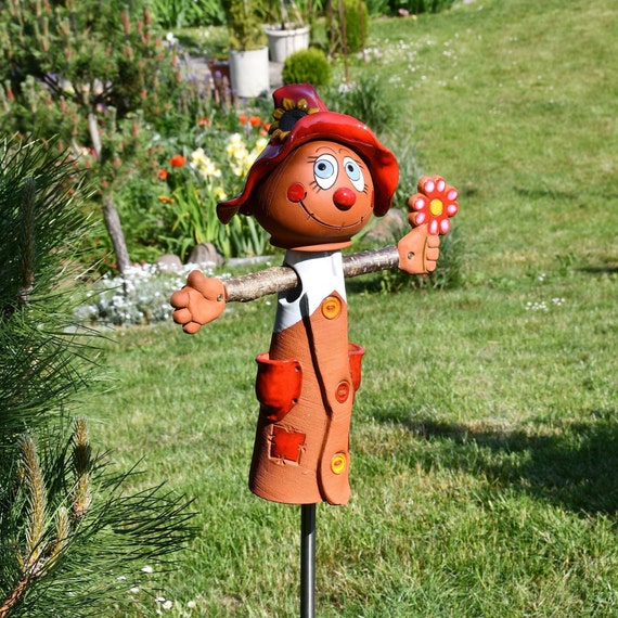 Handmade Ceramic Scarecrow Girl Garden Stake - Lawn and Yard Art