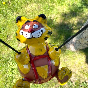 Ceramic Garden hanger garden Decor cat hanging yard art yellow Cat Swing Frostproof Handmade Hand painted GKR61 Midene Art Studio image 6