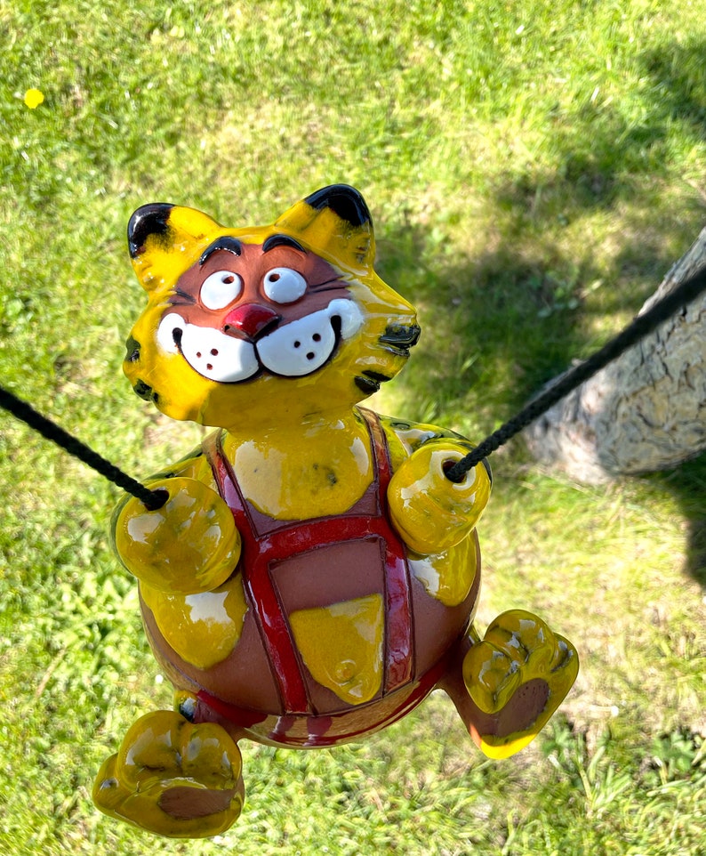 Ceramic Garden hanger garden Decor cat hanging yard art yellow Cat Swing Frostproof Handmade Hand painted GKR61 Midene Art Studio image 6