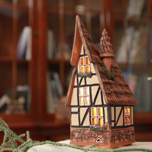 Handmade Ceramic House Tea Light Holder: Miniature Timbered House Decor