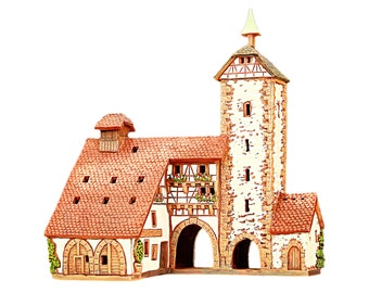 Midene Ceramic miniature house replica of Historic City Wall Tower in Zell am Harmersbach Germany Tea light Candle Holder clay house