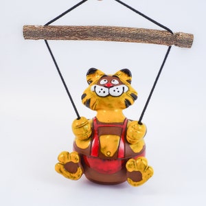 Ceramic Garden hanger garden Decor cat hanging yard art yellow Cat Swing Frostproof Handmade Hand painted GKR61 Midene Art Studio image 9