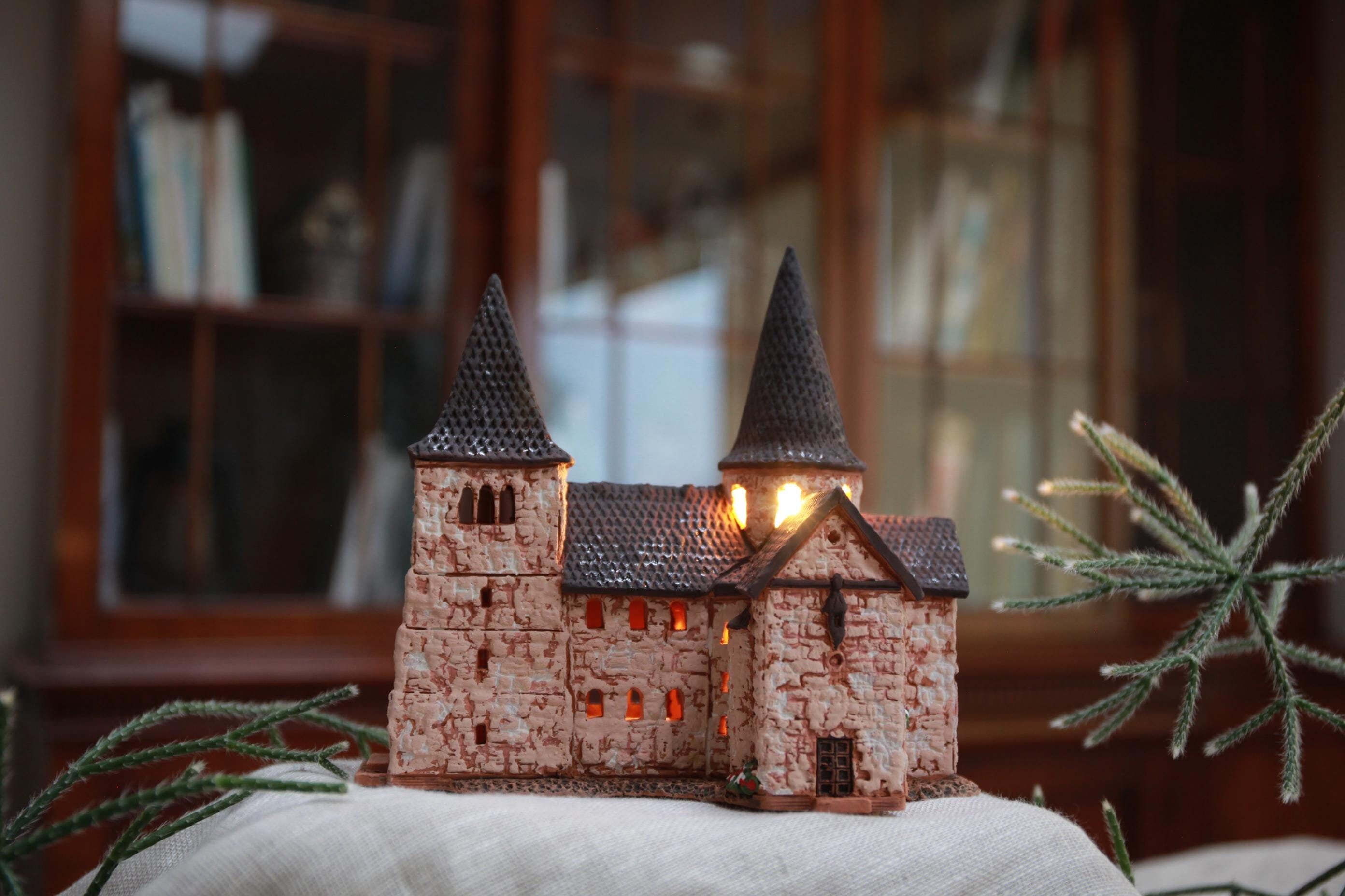 Handmade Ceramic Church Tea Light Holder: Christmas Village House