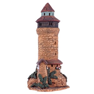 May include: A small, brown, ceramic tower with a green roof and a small house attached to the base. The tower has a stone-like texture and is decorated with small windows and a wreath.