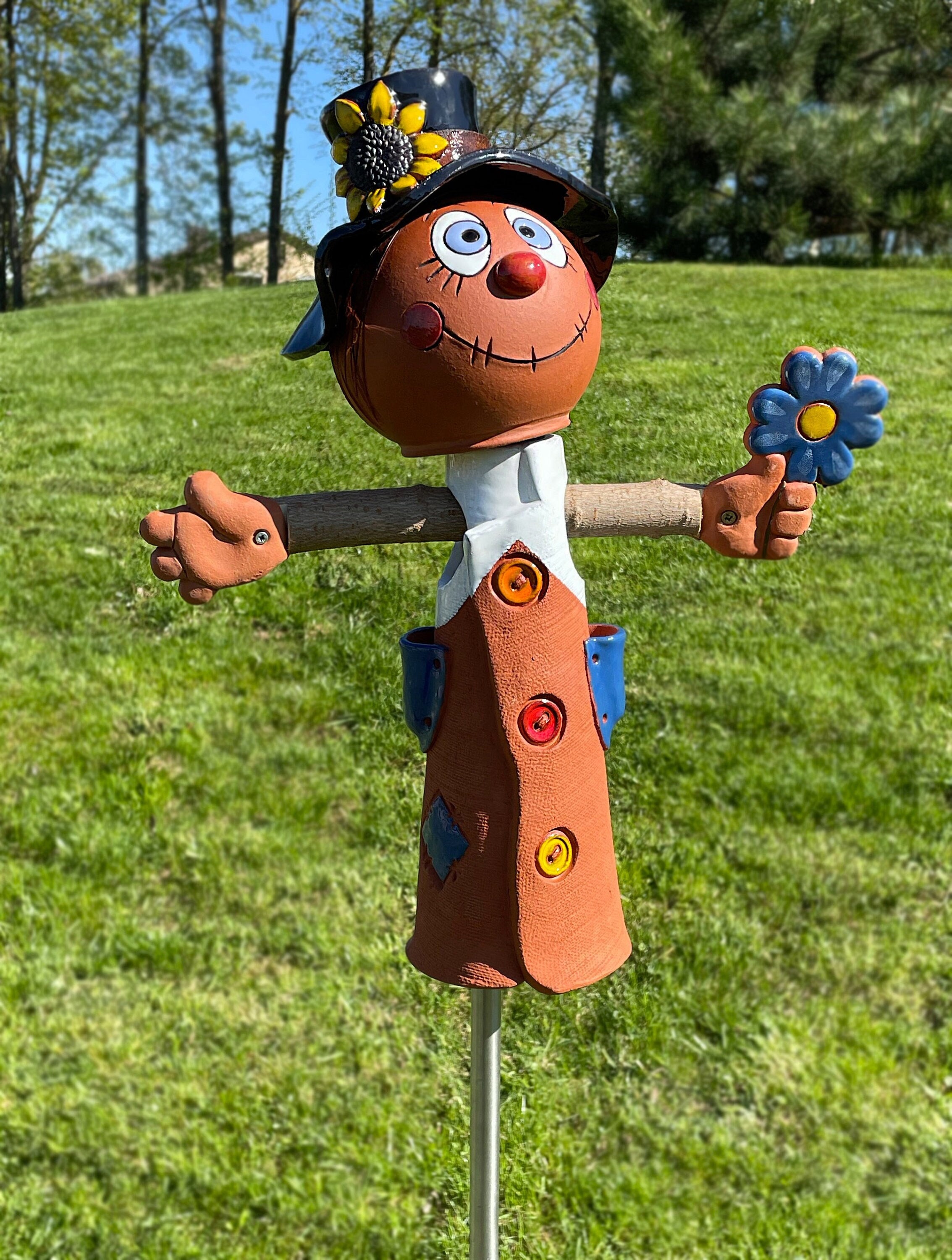 Handmade Ceramic Scarecrow Boy Garden Stake - Lawn and Yard Art