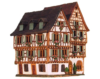 Midene Casa de cerámica Luz de té Portavelas hecho a mano Marco de madera casa de arcilla casa en miniatura de casa de madera en Colmar Alsacia Francia D342