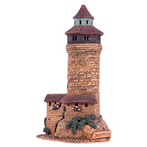 May include: A small ceramic model of a tower with a brown roof and stone walls. The tower is decorated with green plants and the word "NURNBERG" is written on the base.