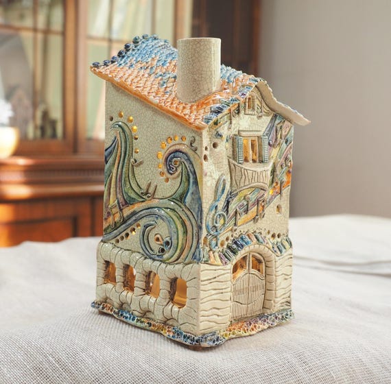 Midene Ceramic Art Tealight Candle Holder Room Decoration Handcrafted Collectible Miniature Light House Cafe in Paris Monmartr Lapin AgileFrance B331N Midene Ceramic House Tea Light Candle Holder Home Decor