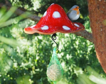 Handmade Ceramic Bird Feeder Mushroom 46cm - Garden Decor