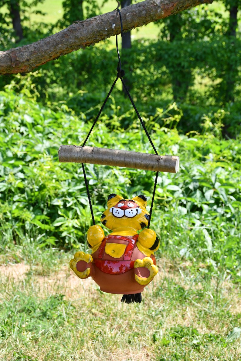 Ceramic Garden hanger garden Decor cat hanging yard art yellow Cat Swing Frostproof Handmade Hand painted GKR61 Midene Art Studio image 3