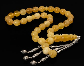 Genuine Amber Tasbih|33 Islamic Prayer Beads,64g|Misbaha| Rosary is Carved from Genuine Amber Stones|924 sterling Silver Tassel