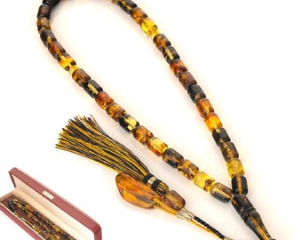 Natural Baltic Amber Tasbih – 33 Islamic Prayer Beads, Genuine Amber Nugget Pendant,  Sibha Gift