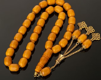 Vintage Style German Amber Tasbih 33 Beads – Handcrafted Islamic Prayer Misbaha, Collectible Rosary 71g