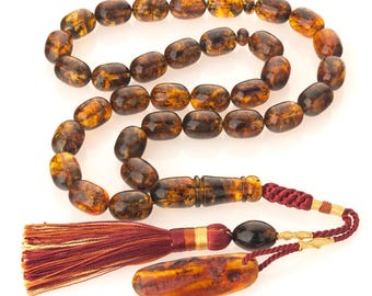 Rare Green Cognac Baltic Amber Tasbih – 33 Handmade Islamic Prayer Beads, Muslim Misbaha Gift