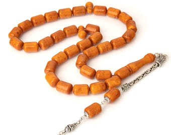 Brand Old Germany Amber: 33-Bead Islamic Prayer Rosary with Sterling Silver Tassel