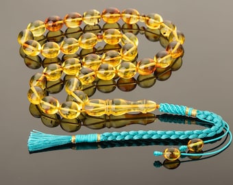 Genuine Baltic Amber Tasbih – 33 Beads Islamic Prayer Beads with Handmade Tassel