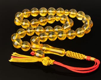 Baltic Amber Tasbih – 33 Transparent Honey Islamic Prayer Beads, Handmade Misbaha, Muslim Gift