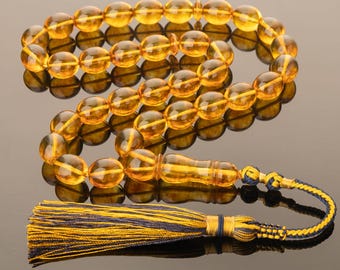 Handcrafted Transparent Baltic Amber Tasbih – 33 Natural Prayer Beads, Islamic Misbaha, Honey Amber Rosary