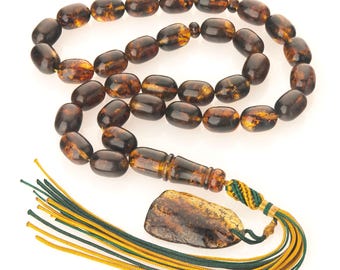 Baltic Amber Tasbih – 33 Islamic Prayer Beads, Genuine Amber Nugget Pendant, Green Cognac Misbaha